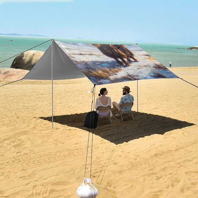 ALAZA Yak Snow Mountain Beach Tent Sun Shelter UPF50+ Protection Beach Shade Canopy w/ 4 Sandbags for Outdoor Camping Fishing Backyard Fun Picnic 10x9 ft