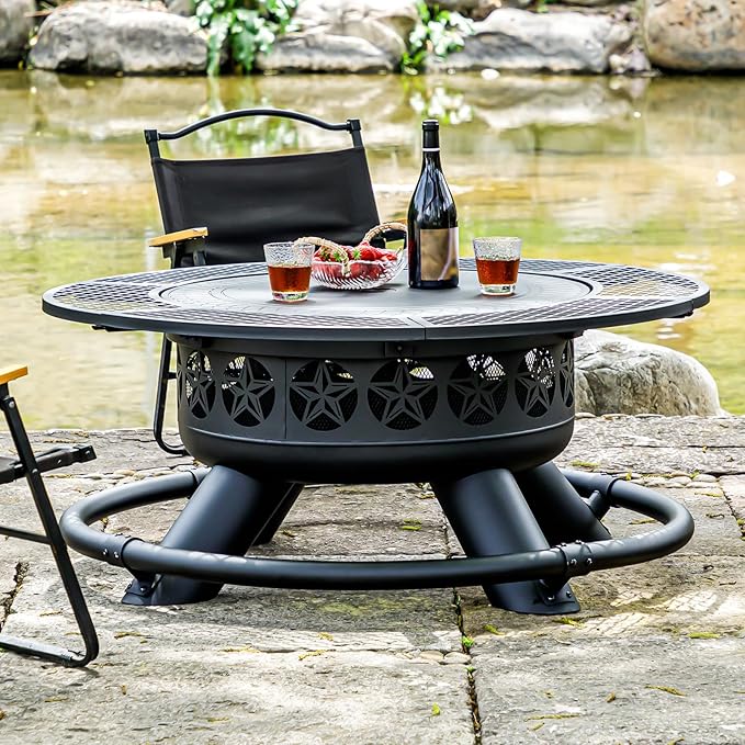 47 Inch Outdoor Fire Pit with 2 Grills Extra Large BBQ Firepits for Outside Metal Round Fire pits with Lid&ampFire Poker3 in 1 Wood Burning Outdoor Fireplaces for BackyardPatioBonfire