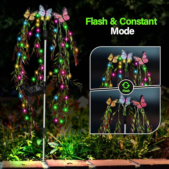 Solar Garden Lights Outdoor Decorative Waterproof 69LED Swaying Tree Solar Lights for Outside Butterfly Flower Lights Solar Power Yard Decor for Pathway Patio Lawn Grave Decorations
