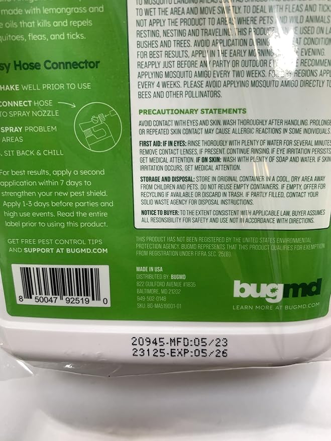 BugMD Mosquito Amigo Ant Killer &amp Bug Spray - Outdoor Roach Cockroach and Spider Killer Fly and Insect Defense Natural Plant-Based Formula Safe with Essential Oils