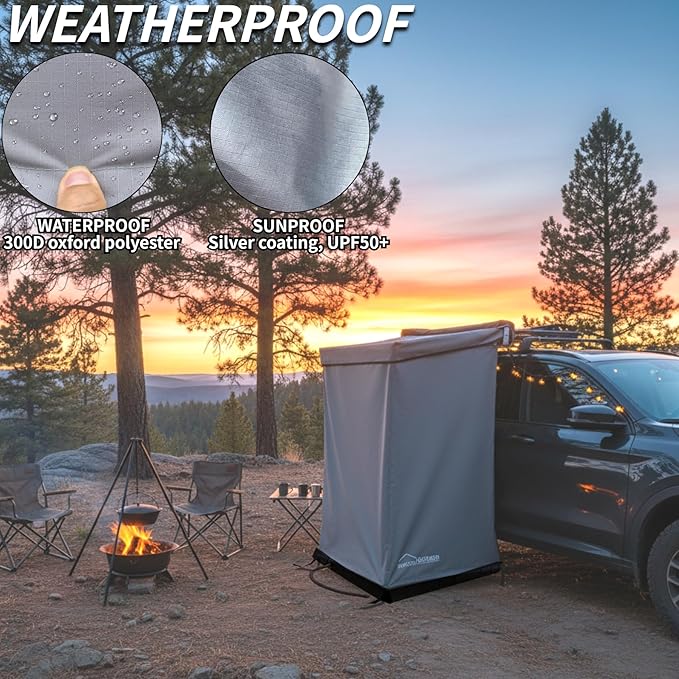 DANCHEL OUTDOOR Car Awning Shower Tent Room with Portable Shower Pan Camping Privacy Shelter Enclosure Overland Portable Changing Room w/LED Light 3.3ft x 3.3ft Gray