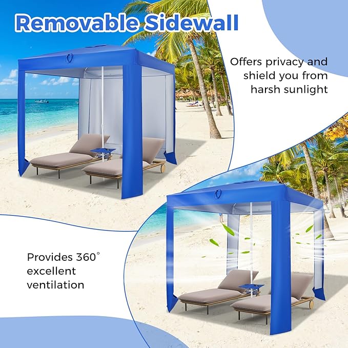 KOTEK 6.6'x6.6' Beach Cabana Portable Beach Shade Canopy with Sand Anchor Cup Holders &amp Sandbags Included Detachable Side Wall &amp Carrying Bag UPF 50+ Protection Easy Setup Beach Tent for