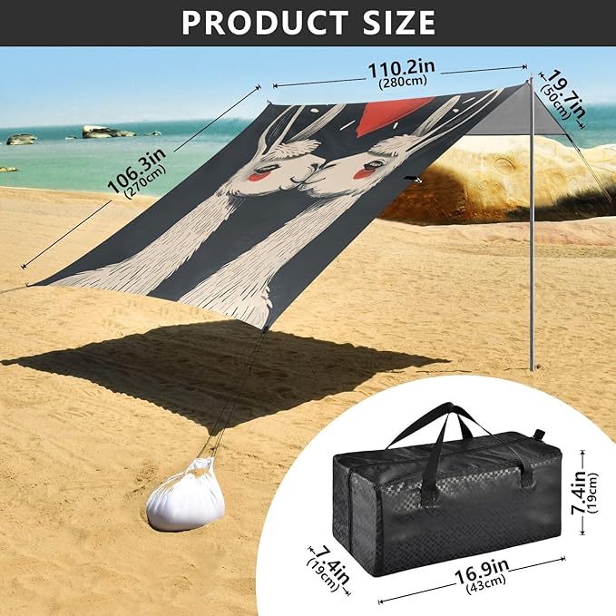 ALAZA Llamas Alpaca Love Heart Beach Tent Sun Shelter UPF50+ Protection Beach Shade Canopy w/ 4 Sandbags for Outdoor Camping Fishing Backyard Fun Picnic 10x9 ft