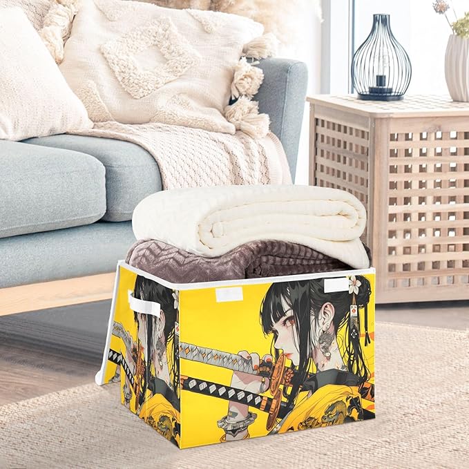 Storage Cube with Lid Samurai Anime Yellow Print 16.5×12.6×11.8 IN Collapsible Large Capacity Foldable Storage Basket Bin Organizer