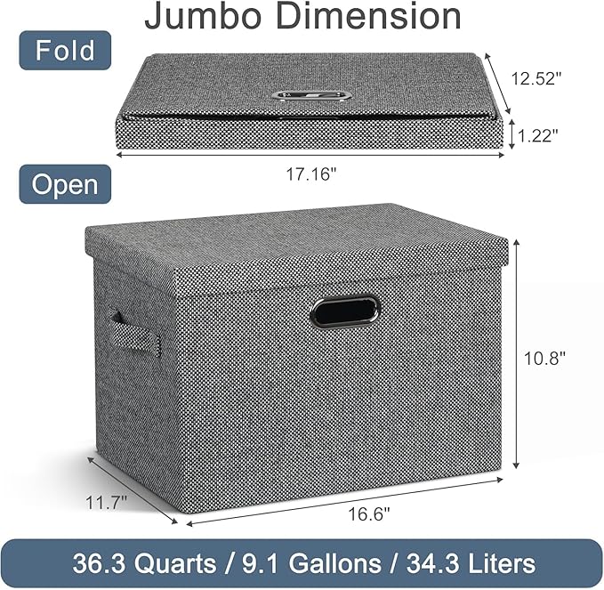 Graciadeco Large 17 36 Quart Collapsible Stackable Storage Bins with Lids 3 Packs Black and White Mix Linen Fabric Closet Boxes with Lids Storage Cube Baskets Container Organizers (17x12x11)