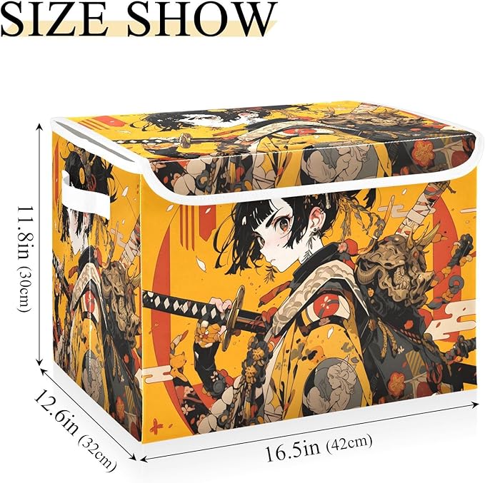 Anime Samurai Yellow Storage Cube Bins Basket with Lid Collapsible Flip-top Fabric with Handle for Home Bedroom Closet Office 16.5×12.6×11.8 in
