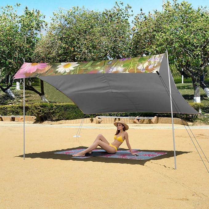 ALAZA Cute Orange Cat Flower Beach Tent Sun Shelter Portable Canopy Sunshade for Outdoor Camping Picnics Backyard Fun 10x9 ft