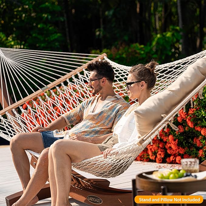 Lazy Daze Hammocks Double Rope Hammock 2 Person Traditional Outdoor Hand Woven Cotton Rope Hammock with Spreader Bar Carabiners Tree Straps Chains for Patio Yard - Max 450 Lbs Natural