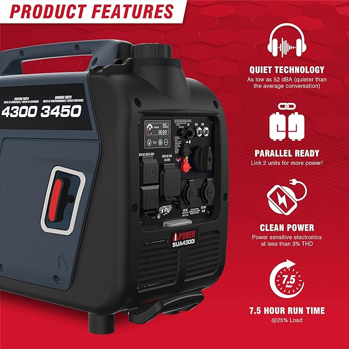 A-iPower Portable Inverter Generator Gas 4300W RV Ready EPA &amp CARB Compliant CO Sensor Portable Light Weight With Telescopic Handle For Backup Home Use Tailgating &amp Camping (SUA4300i)