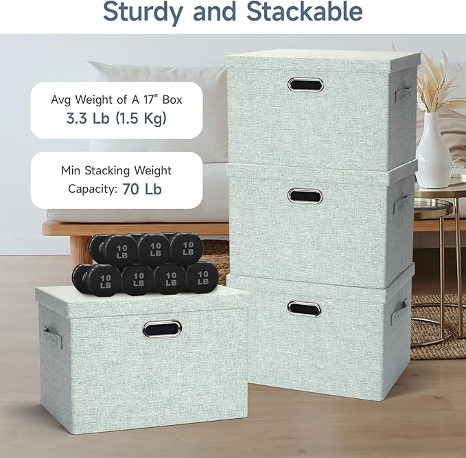 Graciadeco Large 17 36 Quart Collapsible Stackable Storage Bins with Lids 3 Packs Light Green Linen Fabric Closet Boxes with Lids Storage Cube Baskets Container Organizers for Office (17x12x11)