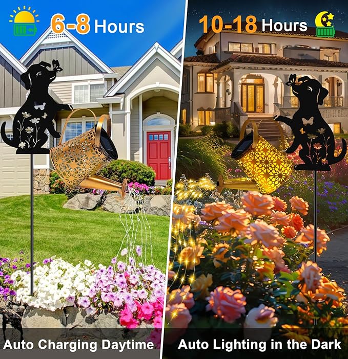 Solar Lights Outdoor Decorative Watering Can with Cascading Lights with Dog Silhouette Garden Stakes Waterproof Metal Garden Decor Mom 2 Pack