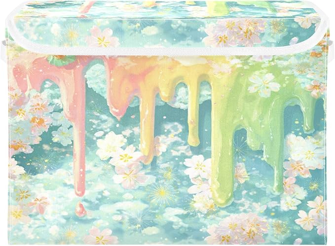Storage Bins With Lid Stackable Fabric Closet Organizer Clothing Storage Large Boxes For Closet Shelves Bedroom Blue Flowers Meltingicecream Stars Soft
