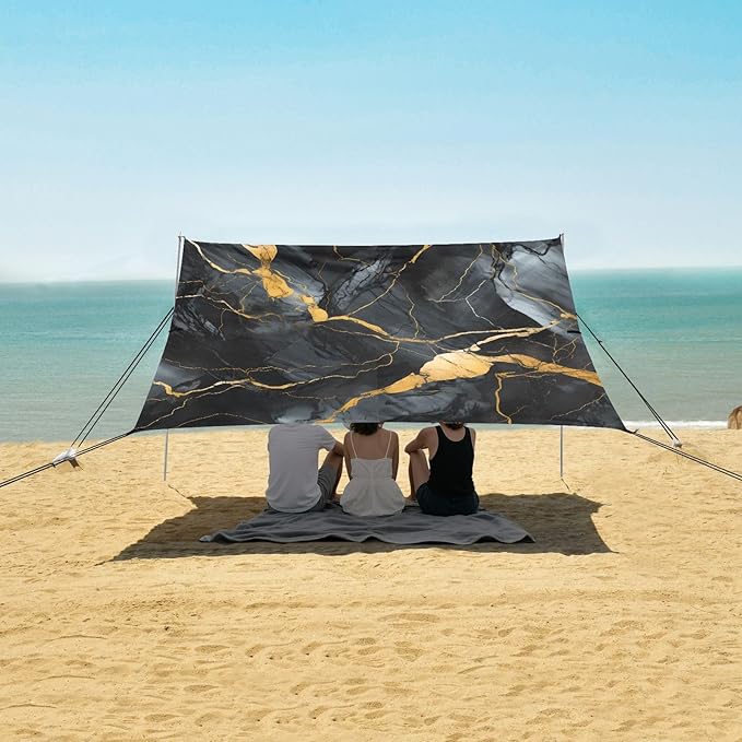 ALAZA Gold &amp Black Marble Beach Tent Sun Shelter UPF50+ Protection Beach Shade Canopy w/ 4 Sandbags for Outdoor Camping Fishing Backyard Fun Picnic 10x9 ft