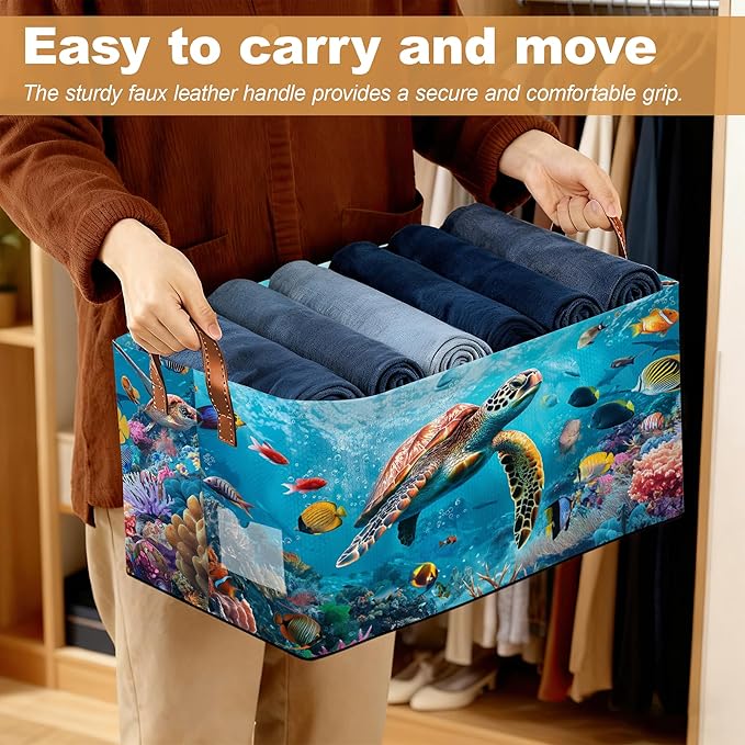 Sea Turtle Storage Bins with Handles Collapsible Storage for Clothes Gift Basket Blankets &amp Closet Organization