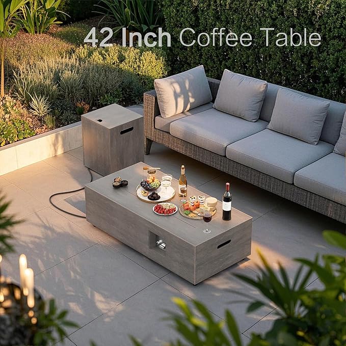 42 Outdoor Fire Pit Table 50000 BTU Gas Fire Pit with Glass Wind Guard Fire Stones Waterproof Cover Propane Fire Pit Table for Outside Patio (Brown)