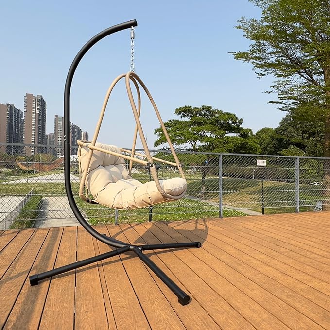 Swing Egg Chair with Stand Indoor Outdoor Wicker Rattan Patio Basket Hanging Chair with C Type Bracket with Cushion and PillowPatio Wicker Folding Hanging Chair(Special Construction Cup Holder