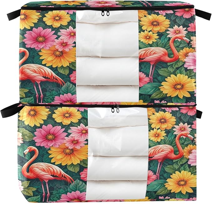 Burbuja 2 Pack Storage Bag Organizer with Handles for Clothes Blankets Bedding Floral Flamingos Foldable Storage Bag with Zipper &amp Clear Window 95L