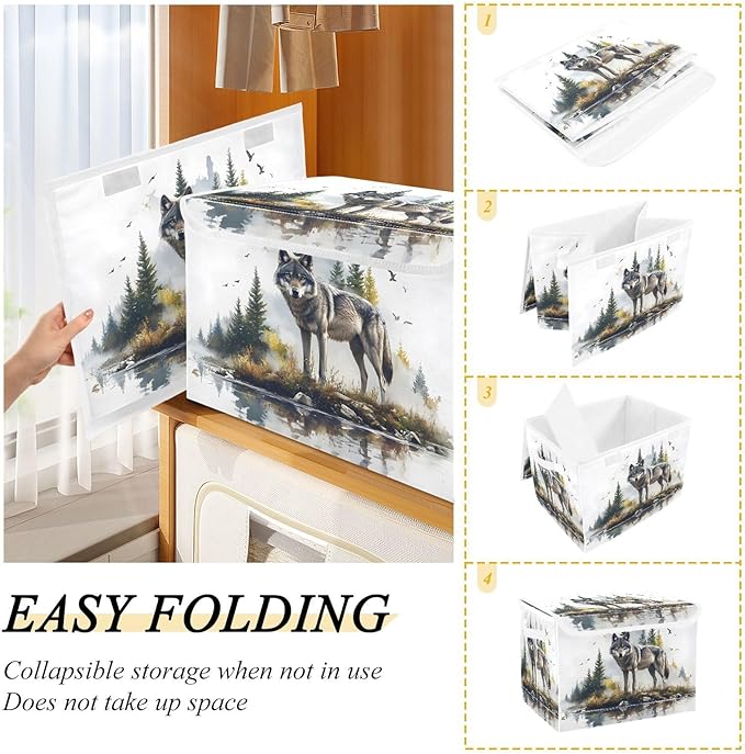 AIXIWAWA Lidded Storage Cube (Wild Wolf) Fabric Foldable Closet Bins with Flip Lid and Handles Organizer Basket Container 16.5 x 12.6 x 11.8 IN