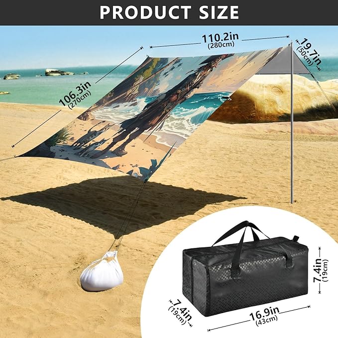 xigua Pirate Beach Tent Sun Shelter with Carrying Bag - Silver Coated Oxford Fabric Beach Canopy for Beach Camping Fishing - Includes Windproof Ropes Sandbags &amp Stakes
