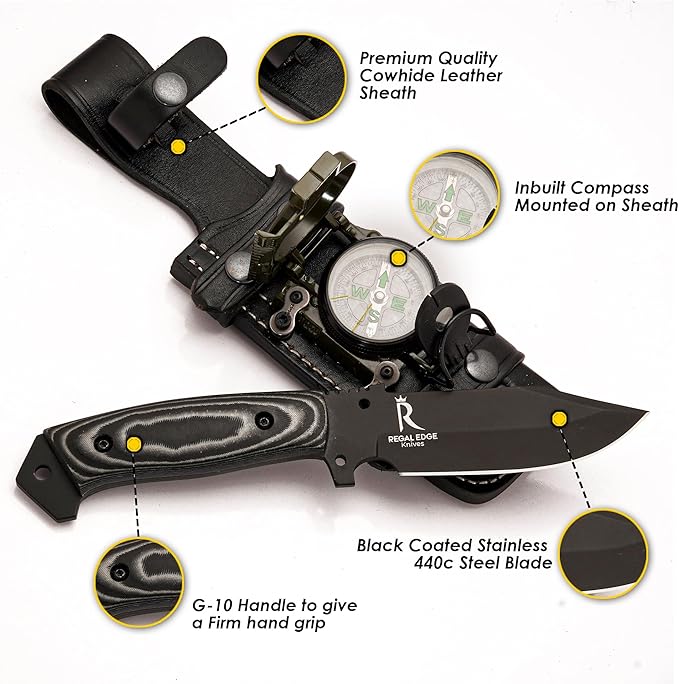 Fixed Blade Knife 10” Hunting Knife With Built-in Military Compass And Leather Sheath - G10 Handle Survival knives for Camping Hiking and Outdoor Use
