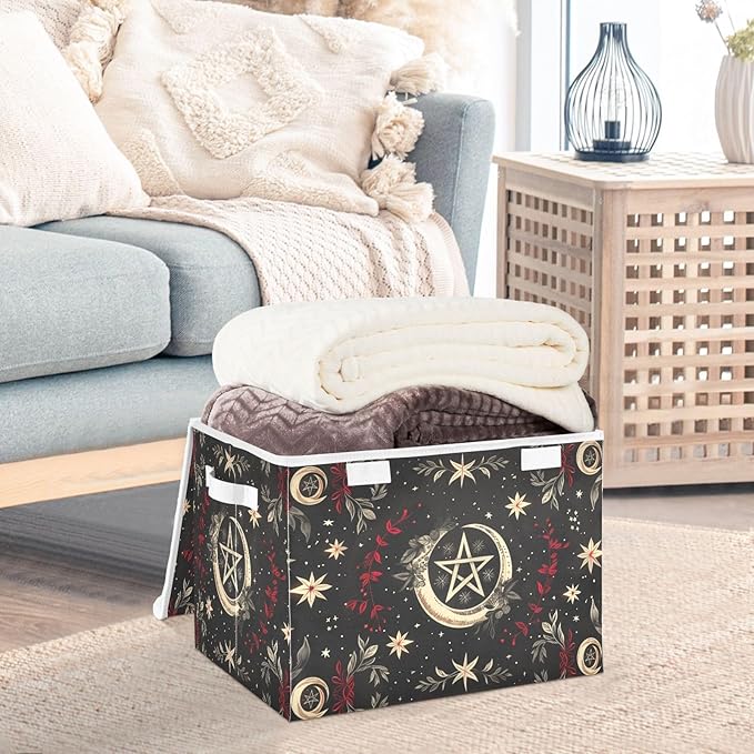 Pagan Wiccan Black Large Storage Bins with Linen Foldable Storage Box Fabric Closet Organizer Containers Cubes with Flip-Top Lid for Home Office 16.5” x 12.6” x 11.8”