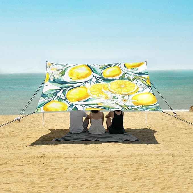Beach Canopy with Windproof Ropes &amp Sandbags Beach Tent Sun Shade Sun Shelter for Camping Trips Fishing Backyard Fun or Picnics Lemon