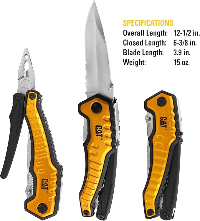 Caterpillar Multi Function Tool 9-in-1 X-Large Long Nose Pliers Wire Cutter Knife Bottle Opener Screwdriver Saw Blade with Pouch - Yellow 980045