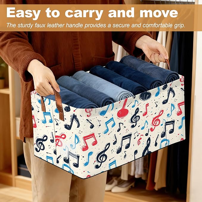 32L Large Storage Bins with Handles Basket Organizer for Shelves Closet Books Laundry &amp Home Decor (Musical Note)