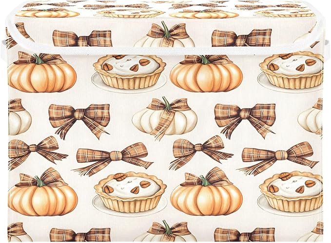 Bolaz Storage Bins with Lids and HandlesAutumn Pie Pumpkin Bows Pattern Storage Box Basket with Cover Collapsible Organizer Containers for Home Closet Shelves