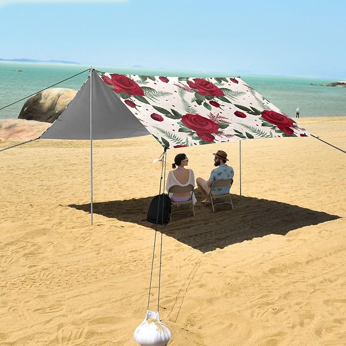 ALAZA Red Rose Fern Pattern Beach Tent Sun Shelter UPF50+ Protection Beach Shade Canopy w/ 4 Sandbags for Outdoor Camping Fishing Backyard Fun Picnic 10x9 ft