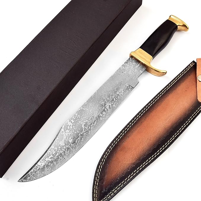 15.5 Long D-2 steel Hunting Bowie Knife Natural Rose wood scale with Brass finger guard &amp Pommel Over 10 sharp D-2 solid steel blade with blood groove Cow Hide Leather sheath with belt loop