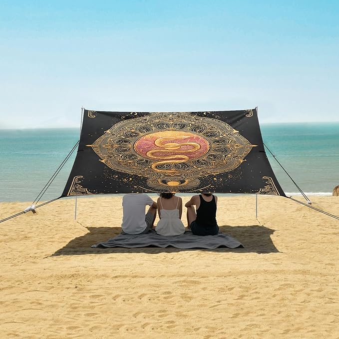 ALAZA Snake Mandala Beach Tent Sun Shelter UPF50+ Protection Beach Shade Canopy w/ 4 Sandbags for Outdoor Camping Fishing Backyard Fun Picnic 10x9 ft