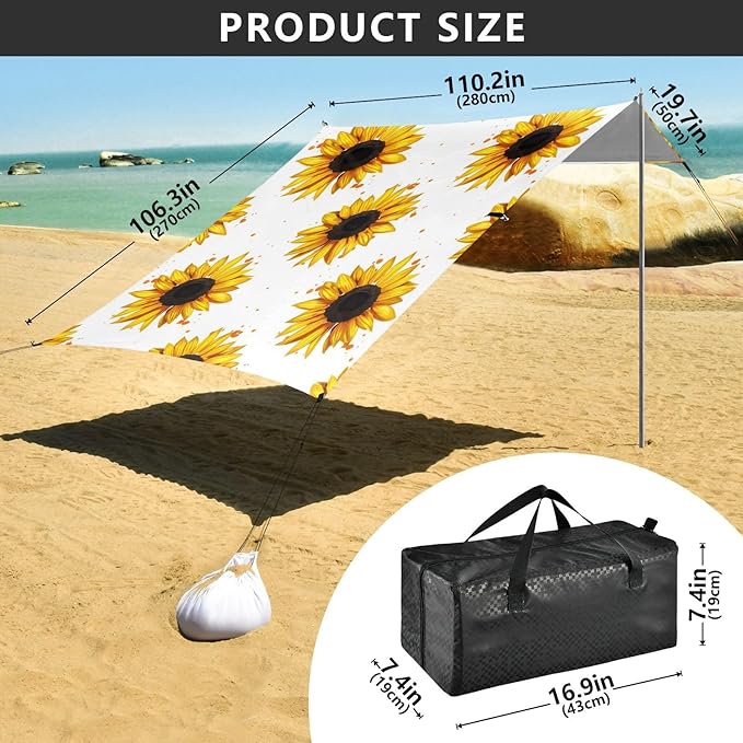 Beach Canopy with Windproof Ropes &amp Sandbags Beach Tent Sun Shade Sun Shelter for Camping Trips Fishing Backyard Fun or Picnics Sunflower