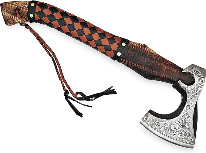 SFG - 19 Handmade Alloy Steel Axe Durable Sharp Blade Lanyard Included. Forged for Hunting Camping Kindling Chopping Firewood Branch Cutting or Informal Throwing