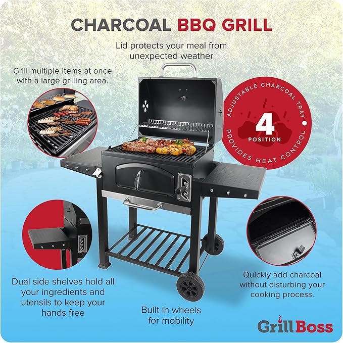 Grill Boss 24 Inch Charcoal BBQ Grill with Side Shelves Built-In Thermometer Black
