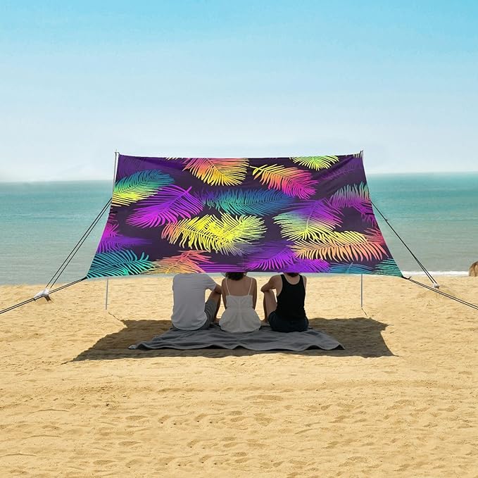 ALAZA Neon Rainbow Palm Leaf Beach Tent Sun Shelter UPF50+ Protection Beach Shade Canopy w/ 4 Sandbags for Outdoor Camping Fishing Backyard Fun Picnic 10x9 ft