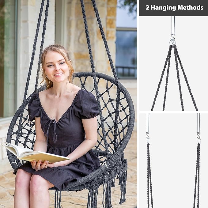 SUNCREAT Hammock Chair Hanging Macrame Swing with Hardware Kits Max 330 Lbs Handmade Knitted Mesh Rope Swing Chair for Indoor Outdoor Bedroom Patio Yard Garden Pack of 2 Grey