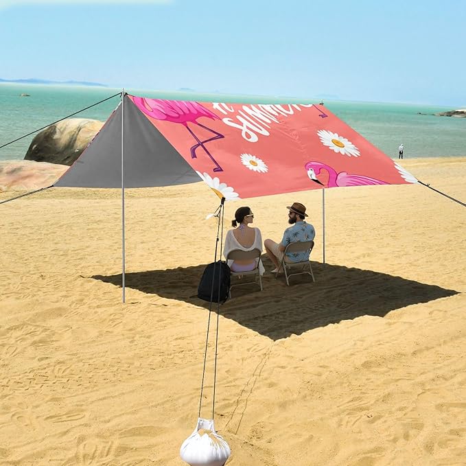 xigua Flamingos Beach Tent Sun Shelter with Carrying Bag - Silver Coated Oxford Fabric Beach Canopy for Beach Camping Fishing - Includes Windproof Ropes Sandbags &amp Stakes
