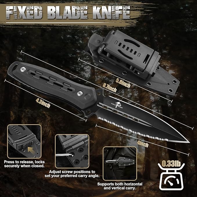 Purple Dragon Fixed Blade Knife with Kydex Sheath440C Steel Full Tang Outdoor Utility Knife with G10 Handle for Camping HikingBushcraft &amp Outdoor Use-Black