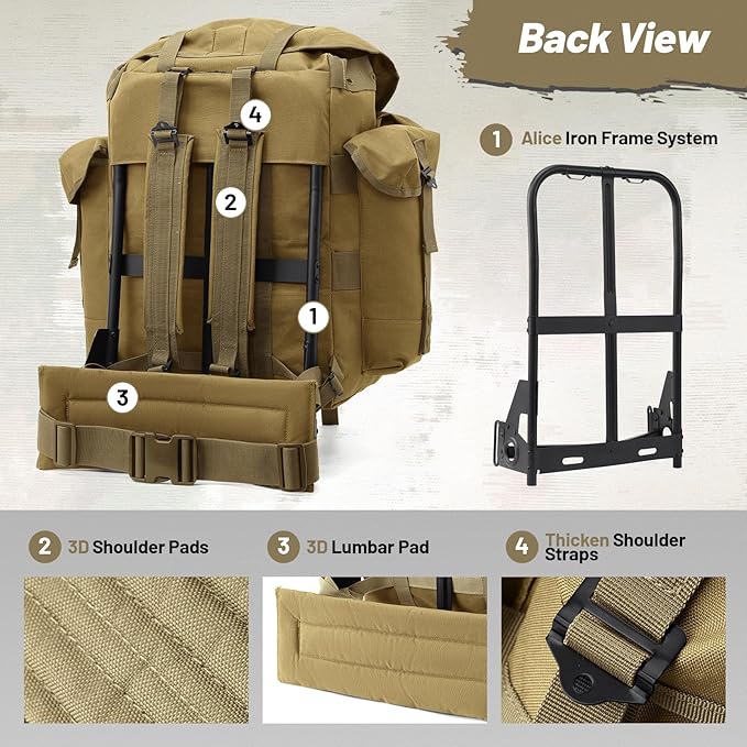 50L Military Alice Pack Army Survival Combat ALICE Rucksack Backpack for Men &amp Women for Camping Hiking Emergency Khaki
