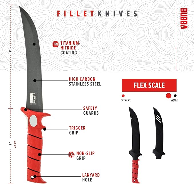 BUBBA 9 Inch Stiff Fillet Knife with Non-Slip Grip Handle Full Tang Beveled Sushi Style Stainless Steel Non-Stick Thick Blade Lanyard Hole and Synthetic Sheath for Fishing Hunting and Cooking