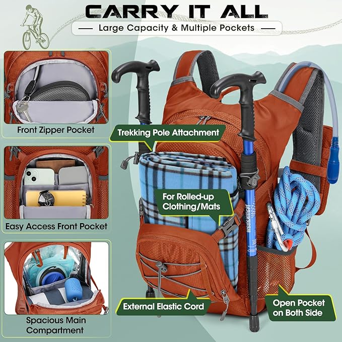 Hydration Backpack with Water Bladder 18L Lightweight Hiking Backpack for Women&ampMen Small Insulated Hydration Water Pack for Hiking Running Cycling Biking