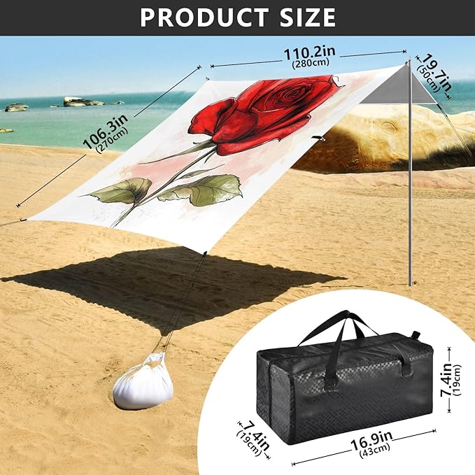 ALAZA Red Rose Flower Ink Beach Tent Sun Shelter UPF50+ Protection Beach Shade Canopy w/ 4 Sandbags for Outdoor Camping Fishing Backyard Fun Picnic 10x9 ft