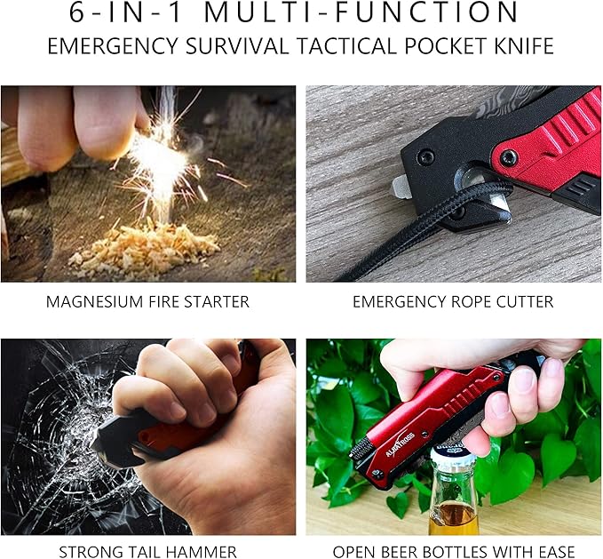 ALBATROSS 6-in-1 Modern Damascus Steel Folding Pocket Knives with LED LightSeatbelt CutterGlass BreakerMagnesium Fire StarterBottle OpenerMulti-Function Emergency Tool(Red-DA)