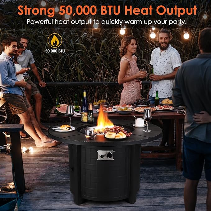 TLGREEN Propane Fire Pit Table 42 Inch Round – 50000 BTU Outdoor Fire Pit with Lid Converts to Patio Coffee Table Certified Includes Waterproof Cover &amp Blue Fire Glass