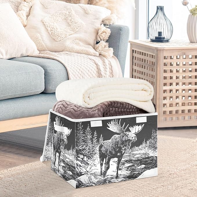 Sketch Moose Storage Cube Bins Basket with Lid Collapsible Flip-top Fabric with Handle for Home Bedroom Closet Office 16.5×12.6×11.8 in