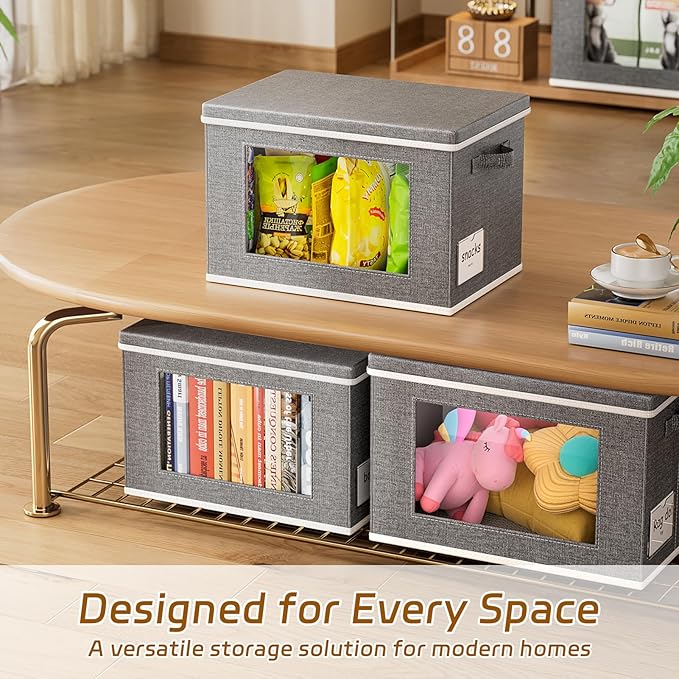 4-Pack Fabric Storage Bins with Lids Collapsible Closet Storage Bins with Clear Window Large Storage Boxes with Handles Closet Organizers for Shelves Wardrobe Grey 17X11.8×11.8