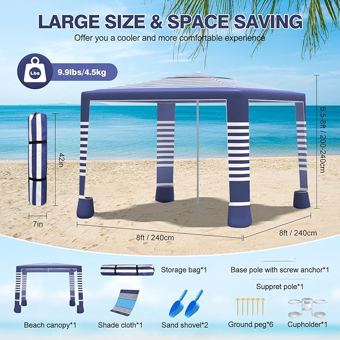Beach Tent8'×8' Large Beach Canopy for 4-6 PeopleEasy Setup Beach Sun Shelter with UPF 50+ ProtectionAdjustable Height &amp Wind Resistant Beach Cabana for FamilyParty (Navy Blue-Stripes)
