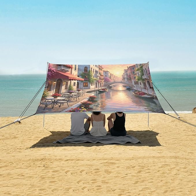 Landscape Beach Canopy Sun Shelter with Sandbags &amp Sand Shovel &amp Windproof Ropes - Portable 110x126 Beach Shade Beach Tent for Camping Picnics