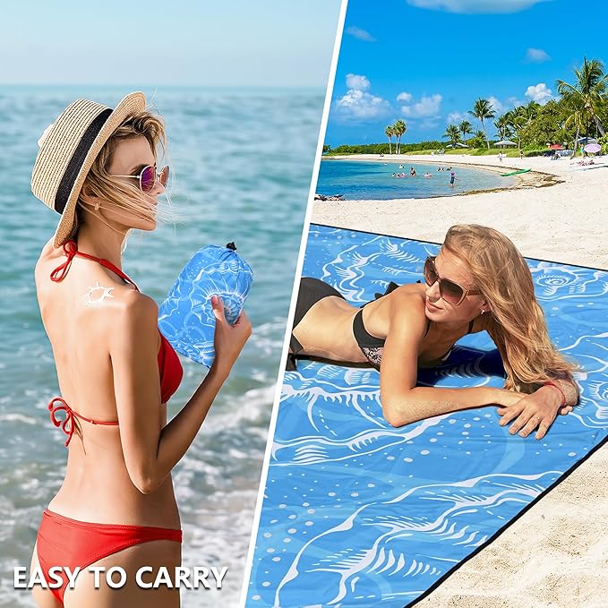Beach Blanket Waterproof Sandproof Beach Mat 79 X 83/10'x9'for 2-8 Adults Quick Drying Outdoor Picnic Mat Beach Accessories for Travel Camping Hiking